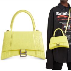 Balenciaga Small Hourglass Croc Embossed Leather Top Handle Bagauthentic, Brand New, Never Used, Flawless, Color Light Yellow With Silver Tone Hardware, Size 9”W X 6”H X 4”D, Comes With Dust Bag, Authenticity Card And Tag. Price Firm! The Silhouette Of This Compact, Croc-Embossed Satchel Recalls The Exaggerated Shapes And Proportions Often Used By Master Couturier Cristbal Balenciaga. Absolutely Stunning! Magnetic-Snap Flap Closure Top Carry Handle; Removable, Adjustable Crossbody Strap Exterior Designer Yellow Top Handle Shoulder Bag, Trendy Yellow Bag For Formal Occasions, Trendy Yellow Formal Bag, Trendy Yellow Formal Bags, White Balenciaga Sneakers, Balenciaga Classic City, White Balenciaga, Balenciaga Black, Balenciaga Bag