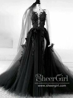 Plunge Neckline High Slit Tulle Prom Dress Black Wedding Dress ARD2667-SheerGirl Black Lace Formal Dress, Gaun Abad Pertengahan, Black Wedding Gowns, Prom Dress Black, Backless Evening Dress, Bridal Dresses Lace, Dresses Formal Elegant, Lace Formal Dress, Evening Gowns Elegant