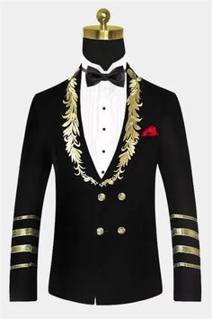 Black Velvet One Piece Jacket | Gold Embroidered Double Breasted Tuxedo | Allaboutsuit Black And Gold Tuxedo, Gold Tuxedo Jacket, Velvet One Piece, Embroidered Tuxedo, Mandarin Collar Jacket, Double Breasted Tuxedo, Black Velvet Bow, Black Velvet Jacket, Black Suede Loafers