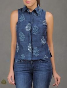 Indigo-White Natural Dyed Dabu Printed Collared Chanderi Top by Jaypore Sew Along, Fancy Top, Womens Tops Dressy