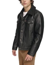 Get yourself ready for outdoor expeditions wearing the Levi's® Faux Leather Trucker with Sherpa Lined Collar Jacket. It features a buttoned front closure with straight back yoke detailing and chest flap pockets..Relaxed fit..Long sleeves with buttoned cuffs..Side hand pockets..100% polyurethane..Machine wash, tumble dry..Imported. Casual Leather Outerwear With Snap Buttons, Casual Leather Outerwear For Winter, Classic Winter Outerwear For Urban Adventures, Collared Outerwear With Button Closure For Outdoor, Casual Leather Jacket With Fleece Lining, Casual Leather Jacket With Fleece Lining For Fall, Casual Leather Jacket With Snap Buttons For Winter, Leather Outerwear For Cold Weather, Fall Outdoor Outerwear With Button Closure