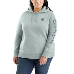 Cold winter mornings are a lot more comfortable with this women's cozy hoodie. Made of heavyweight fleece, the sweatshirt is brushed on the inside for extra softness. It has a relaxed fit that allows for easy layering, and it's finished with a Carhartt logo down the sleeve. Features10.5-ounce, 73% cotton / 27% polyesterThree-piece hood with drawcordRib-knit cuffs and waist help keep out the coldFront pouch pocketCarhartt signature logo printed on sleeve; Carhartt 'C' graphic on frontModel in Bla Carhartt Logo, Carhartt Womens, Cold Front, Winter Mornings, Cozy Hoodie, Knit Cuff, Signature Logo, Cold Winter, Summer Essentials