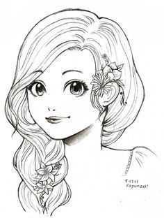 a drawing of a girl with long hair and flowers in her hair, looking to the side