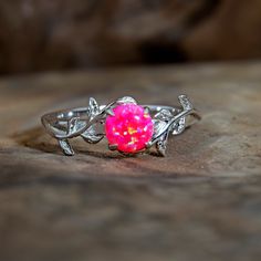 Silver Leaf Branch Hot Pink Opal Ring Pink Opal Ring, Opal Gifts, Geometric Pendant Necklace, Blue Opal Ring, Cute Engagement Rings, Leaves Design, Minerals And Gemstones, Cute Rings, Pretty Rings