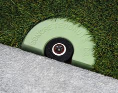 a green skateboard laying on top of a grass covered ground