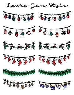 christmas garlands and stockings hanging from clothes line with name written in black ink on white paper