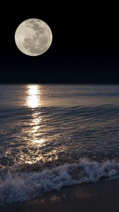 the full moon shines brightly over the water at night on the ocean's shore