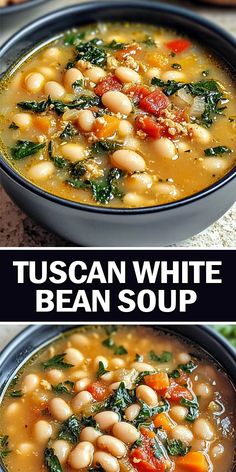 two bowls of bean and spinach soup with the words tuscann white bean soup