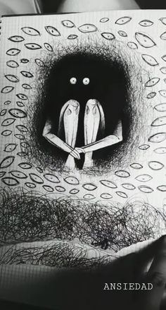 a drawing of two birds sitting on top of each other's head in a hole