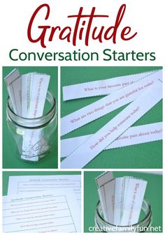 a collage of pictures showing how to make a gratitude conversation starter