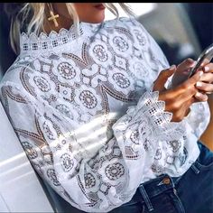 This Lace Blouse Is Beautiful Perfect For That Night Out! Women Lace Blouse, Boho Styl, Lace Blouse Long Sleeve, White Lace Blouse, Plain Blouse, Lace Top Long Sleeve, Estilo Chic, High Neck Long Sleeve, Elegant Shirt