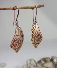 Etched Copper Earrings, Light Weight Earrings, Handmade Copper Jewelry, Natural Boho Earrings I produce designs by hand or digitally and transfer these onto metal using modern etching techniques. Hand etched copper earrings with an colorful - Wax Patina. I seal each piece with a clear, protective coat in a satin finish. Total length including ear wires is approx 2 x 0.6 inches or 50 x 15mm. Personally, I manually produce all of my jewelry in my home studio in North Moravia in the Czechia. The pa Artisan Teardrop Earrings For Pierced Ears As Gift, Unique Soldered Drop Earrings, Artisan Teardrop Earrings As Gift, Handmade Copper Teardrop Earrings For Gift, Artisan Soldered Teardrop Earrings, Handmade Copper Wrap Earrings For Gift, Artisan Teardrop Earrings With Lever Back Ear Wires, Handmade Artistic Copper Earrings, Artistic Handmade Copper Earrings