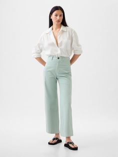 High Stride Wide-Leg Ankle Khakis | Gap Mint Green Pants Outfit, Summer Corporate, Wide Pants Outfit, Mint Green Pants, Green Pants Outfit, Gap Outfits, Teacher Dresses, Smart Casual Women, Trouser Outfit