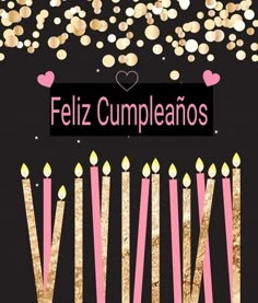 a poster with candles and confetti in the background that says feliz cumpleanos