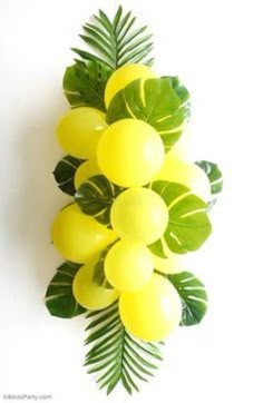 yellow balloons and green leaves on a white background