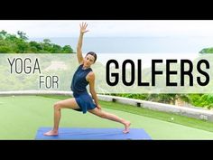 a woman standing on top of a blue mat with the words yoga for golfers