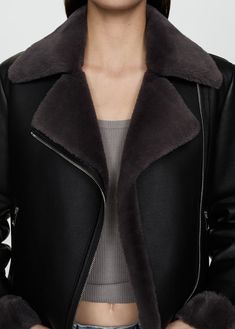 Faux shearling-lined jacket - Woman | MANGO USA Mango Blazer, Short Design, Leather Short, Face Design, Designer Shorts, Faux Fur Collar, Line Jackets, Black Blazers, Faux Leather Jackets