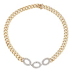 This is part of Chairish’s Fine Jewelry assortment.  Stylish vintage diamond curb link necklace crafted in 14k yellow gold (circa 1980s).    Round brilliant cut diamonds total an estimated 1 carat (estimated at I-J color and SI1-I1 clarity).  The choker length necklace sits nicely at the nape of the necklace, with diamond set oval links to the center. It makes a great statement on the neck! Wear it as a single piece or layered with your fine jewelry from any era. The curb link chain is flat, mea Yellow Gold Diamond Necklace With Figaro Chain, Yellow Gold Diamond Accent Chain Link Necklace, Yellow Gold Diamond Accented Chain Link Necklace, Yellow Gold Diamond Necklace With Curb Chain, Formal Diamond Necklace With Curb Chain Link, Formal Diamond Curb Chain Necklace, Formal Yellow Gold Curb Chain Diamond Necklace, Yellow Gold Diamond Necklace With Cuban Link Curb Chain, Necklace With Diamond