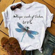 If you like a kind and fun style and face life positively and optimistically, then this dragonfly T-shirt women must be very suitable for you. The women's graphic tees short sleeve top has a simple letter print, conveying a life-loving attitude. Material: Printed dragonfly tee is made of lightweight cotton blend fabric, graphic t-shirt women dragonfly short sleeve top is light and breathable, soft and skin-friendly, I believe this dragonflies ladies graphic tees short sleeve shirt will keep you Tee Painting, Whisper Words Of Wisdom, Dragonfly Print, White Top Women, Dragonfly Prints, Blue Dragonfly, White Tee, Types Of Collars, Look Fashion