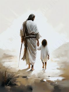 a painting of jesus walking with a child