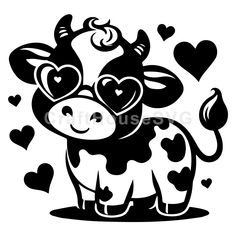 a black and white cow with heart shaped glasses