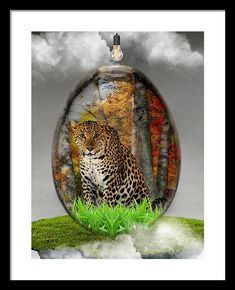 a painting of a leopard sitting on top of a grass covered field with clouds in the background