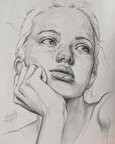 a pencil drawing of a woman with her hand on her chin and looking to the side