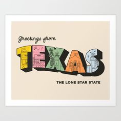 greetings from texas the lone star state art print in pastel colors and black lettering