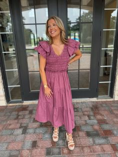 Adorable ruffle sleeve maxi dress with a tie back. Model is 5'4" with a 28" waist, 34" bust, and 35" hips wearing a small. Purple Sleeveless Midi Dress With Ruffles, Purple Ruffled Midi Dress, Mauve Ruffled Summer Dress, Purple Cotton Ruffle Dress, Purple V-neck Dress With Ruffle Hem, Midi Maxi Dress, Maxi Dress With Sleeves, Barbie Collection, Tie Backs