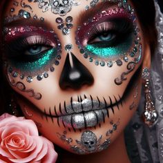 Sugar skull makeup is a colorful and artistic face painting style inspired by the Mexican holiday, Día de los Muertos (Day of the Dead). It involves using bright colors, white and black paint to create designs on the face that resemble ornate sugar skulls. People wear this makeup to celebrate and remember loved ones who have passed away, especially on November 2nd, the Day of the Dead. Easy, pretty, simple, tutorial, diy, ideas, half face, colorful, men, kids. Sugar Skull Makeup Ideas, Day Of The Day Makeup, Glam Sugar Skull Makeup, Day Of The Dead Makeup Ideas, Day Of The Dead Makeup Tutorial, Day Of The Dead Makeup Easy, Dia De Los Muertos Makeup Ideas, Half Sugar Skull Makeup