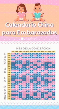 the spanish calendar for children's birth is shown in pink, blue and yellow