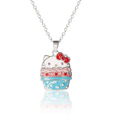 Embrace the sweet charm of Sanrio Hello Kitty with the Silver Plated Cupcake Pendant Necklace. Adorned with a delightful cupcake motif featuring Hello Kitty, this necklace adds a playful touch to any outfit. Cute Hello Kitty Silver Necklace, Cute Silver Hello Kitty Necklace, Sweet White Jewelry With Cute Design, Cute White Charm Necklace For Birthday Gift, Cute Birthday Pendant Jewelry, Hello Kitty White Necklace For Gift, White Hello Kitty Necklace Gift, White Hello Kitty Necklace For Gift, Sweet Silver Necklace Perfect For Gifts