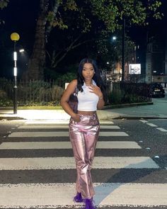 Estrella Metallic Pink Straight Leg Pants – The Rose Hanger Pink Metallic Pants Outfit, Metallic Pants Outfit, Pink Pants Outfit, Sparkly Pants, Korean Outfit Street Styles, Outfit Street, Metallic Pants, Shiny Pants, Lounge Outfit