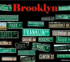 many green and white street signs in front of a black background with the word brooklyn on it