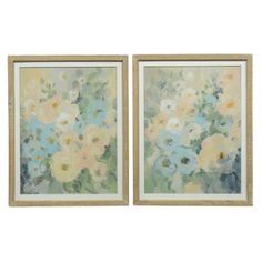 two framed paintings with white and blue flowers