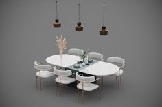 a dining table with six chairs and a plant in the center on a gray background