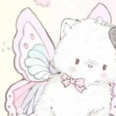 a drawing of a cat with a butterfly on it's back, sitting in front of a pink background