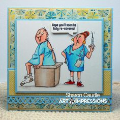 a card with an image of two people in scrubs and one has a thought bubble above it