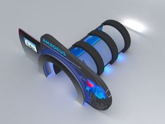 a futuristic looking object with blue lights on it's sides and black rims