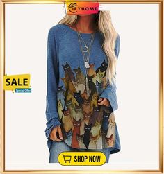 Women's T Shirt Dress Tunic Shirts T Shirt Tee Tunic Wine Blue Khaki Graphic Cat Print Long Sleeve Casual Daily Basic Casual Round Neck Long Cat S Blue Cat Print Tops For Summer, Blue Cat Print Summer Tops, Spring Long Sleeve Tops With Cat Design, Womens T Shirt Dress, Long Cat, Cat S, Blue Khakis, Dress Tunic, Round Neck Tops