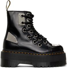 Black Leather Boots With Front Lace-up Fastening, Black Lace-up Boots For Streetwear, Leather Lace-up Combat Boots With Metal Feet, Black Leather Heeled Boots With Lace-up Fastening, Black High-top Steel Toe Platform Boots, Black High Ankle Moto Boots With Lace-up Fastening, Black Heeled Ankle Boots With Front Lace-up, Black Ankle-high Boots With Front Lace-up Fastening, Edgy Black Lace-up Boots With Front Fastening