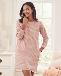 Refreshing comfort for every night of the year. Our sweatshirt sleep gown is surprisingly lightweight in micro French terry and elevates sporty details like raglan seams and ribbed trim with exclusive, feminine prints - plus pockets.  Exclusive. Crew neckline.  Rib-knit detail at the neckline and cuffs.  Long raglan sleeves. Relaxed Fit Long Sleeve Sweatshirt Dress For Loungewear, Sporty Long Sleeve Sleepwear For Lounging, Spring Cotton Sweatshirt Dress For Loungewear, Cotton Sweatshirt Dress For Spring Loungewear, Comfy Crew Neck Sleepwear For Loungewear, Comfy Crew Neck Sleepwear Loungewear, Casual Crew Neck Sweatshirt Dress For Loungewear, Casual Cotton Crew Neck Nightgown, Casual Cotton Nightgown With Crew Neck