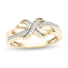 Gracefully designed and shimmering, this beautiful fashion ring completes her outfit with style. Crafted in warm 10K gold, this shimmering look features a diamond-accented "X" at its center and additional diamond accents along the ring's sculpted shank. Lined with 1/15 ct. t.w. diamonds and polished to a bright shine, this ring is perfect for any occasion. Crossover Diamond Ring, Ladies Rings, X Ring, Frame Ring, Peoples Jewellers, Diamond Anniversary Rings, Custom Ring Designs, Diamond Anniversary, Jewelry Ring Box