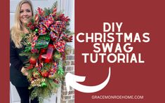 a woman holding a christmas wreath with the words make this christmas swag