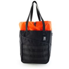 an orange and black tote bag on a white background