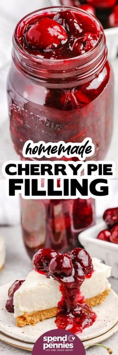 homemade cherry pie filling in a mason jar with fresh cherries on the side and text overlay reading homemade cherry pie filling