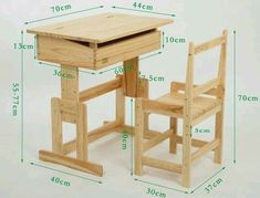 a wooden desk and chair are shown with measurements for each piece in the table set