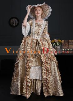 Medieval Renaissance Gold Floral Baroque Rococo Marie Antoinette Dress     Condition: Brand New   Color:Gold   Material: This dress made of High Quality Brocade, soft,smooth and comfortable to wear   Sleeve Length: Long Flare Sleeve   Dresses Length:Floor-Length   Neckline: amp;nbsp; Square Neck   Decoration: Ruffles + Lace + Bow   Package Includes: One Dress     The length of skirt about 45 inches (114 cm) long from waist to hem regardless of size. This dress is pictured with a 3-hoop bustle Pe Baroque Medieval Dress For Costume Party, Baroque Victorian Dress For Costume And Medieval Festivals, Medieval Baroque Dress For Costume Party, Baroque Victorian Dress For Costume Parties And Medieval Festivals, Rococo Style Medieval Costume Dress, Baroque Medieval Dress With Historical Design, Victorian Baroque Medieval Wedding Dress, Vintage Baroque Victorian Dress For Theater, Floor-length Victorian Rococo Dress For Costume