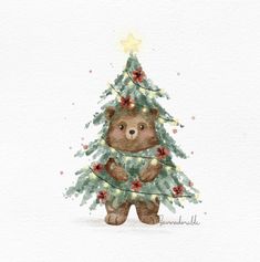 a watercolor painting of a teddy bear holding a christmas tree