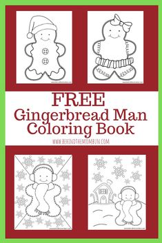 the free gingerbread man coloring book is shown in red and green with snowflakes